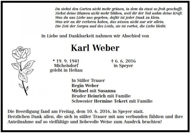 Weber Karl 1941-2015 Todesanzeige